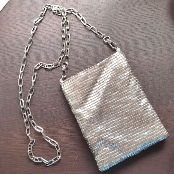 Silver tone chainmail metal mesh mini bag with chain strap - Picture 2 of 11